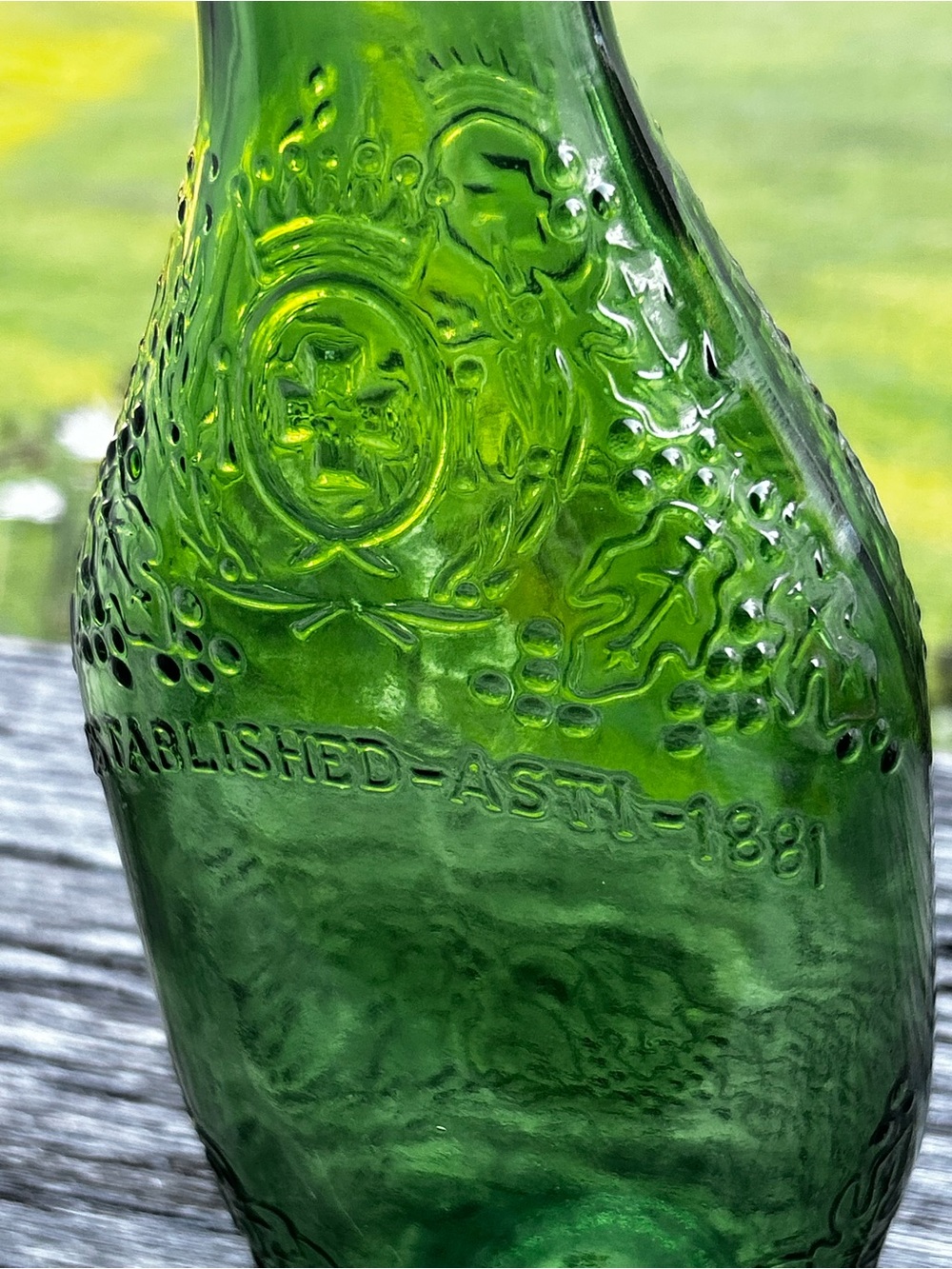 Vintage 1968 United Vinters Green Embossed Glass Bottle Farmhouse decor